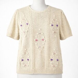 Vintage Handmade Silk Puff Sleeve Sweater Cream Sz M Cottagecore Coquette Granny
